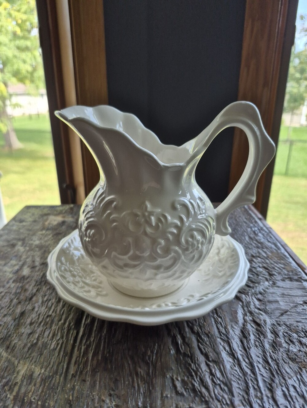 Vintage Enesco Elegant White Embossed Ceramic Pitcher and Saucer Set